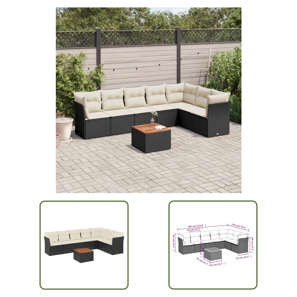 The Living Store 8-cz. zestaw wypoczynkowy do ogrodu - z poduszkami - czarny - Sofa Ogrodowa