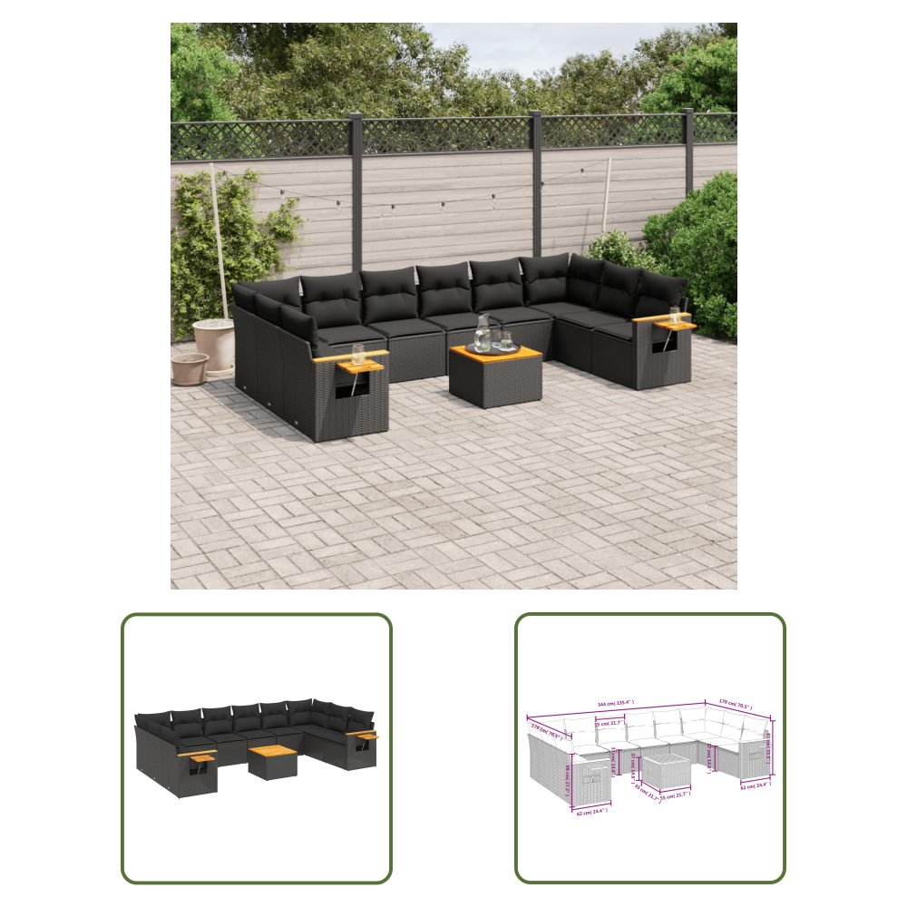 The Living Store 11-cz. zestaw wypoczynkowy do ogrodu - poduszki czarny rattan PE - Sofa Ogrodowa