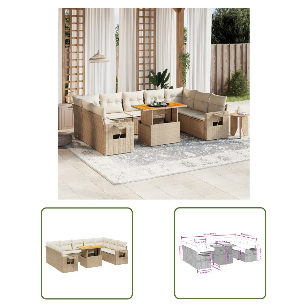 The Living Store 10-cz. zestaw mebli ogrodowych z poduszkami - beżowy - polirattan - Sofa Ogrodowa