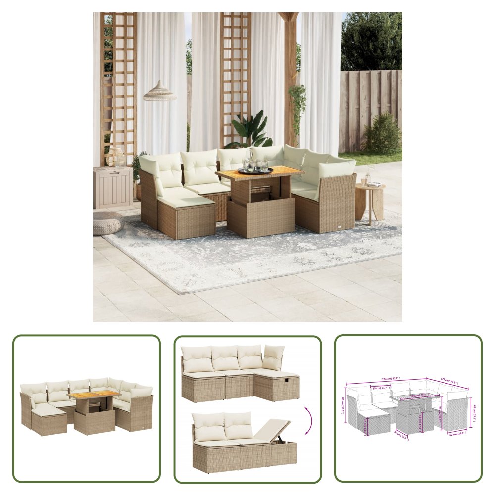 The Living Store 8-cz. zestaw mebli ogrodowych z poduszkami - beżowy - polirattan - Sofa Ogrodowa