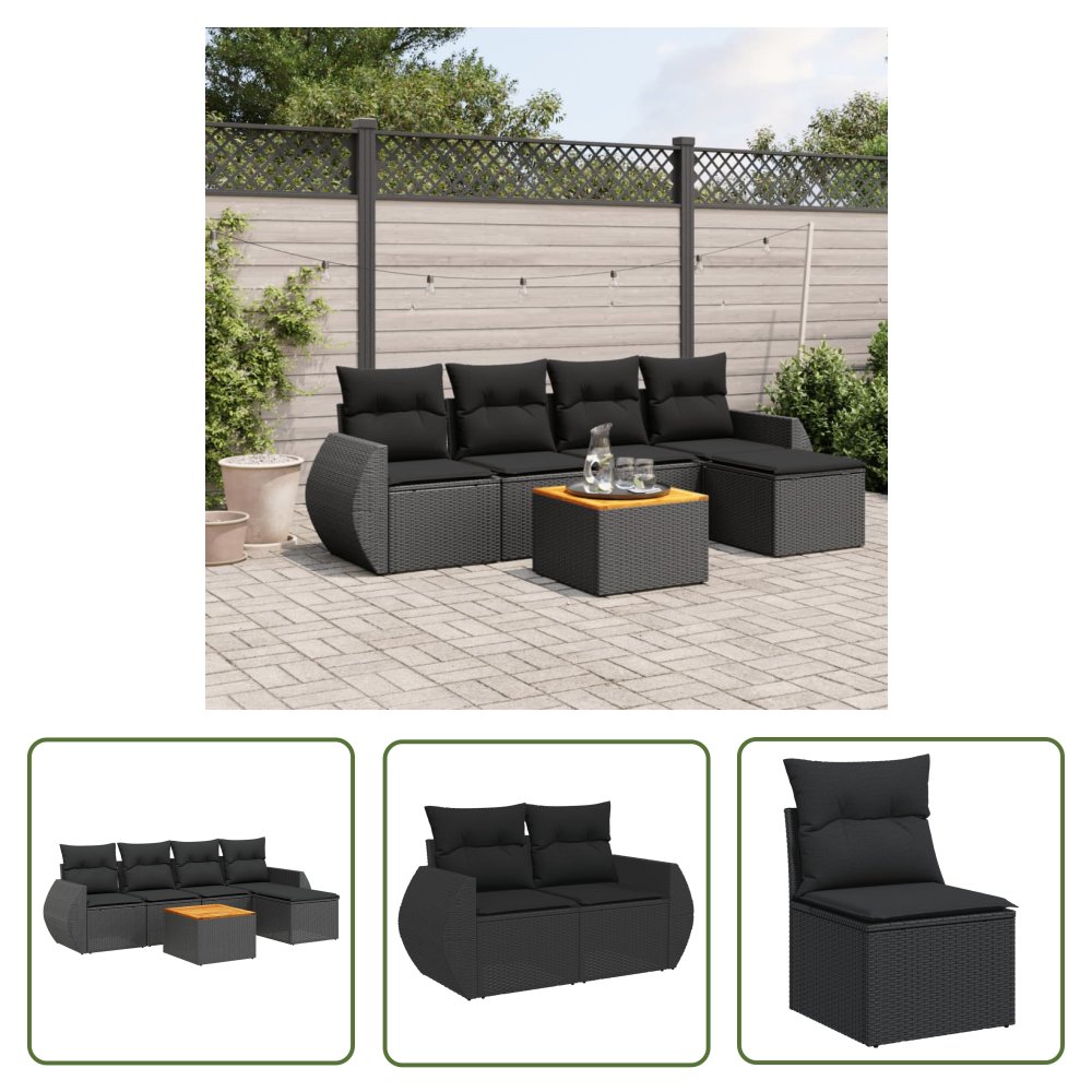 The Living Store 6-cz. zestaw mebli ogrodowych z poduszkami - czarny polirattan - Sofa Ogrodowa