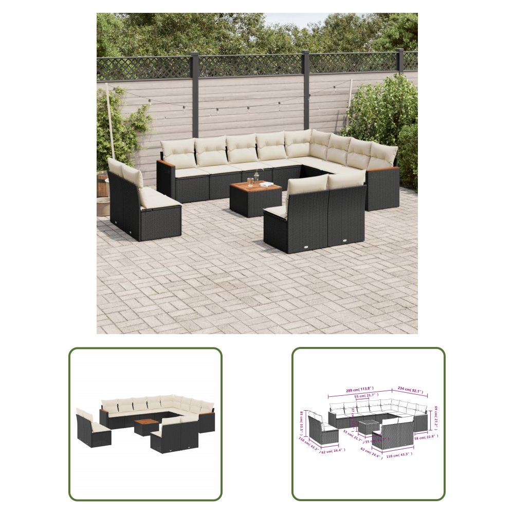 The Living Store 13-cz. zestaw mebli do ogrodu - poduszki - czarny - rattan PE - Sofa Ogrodowa