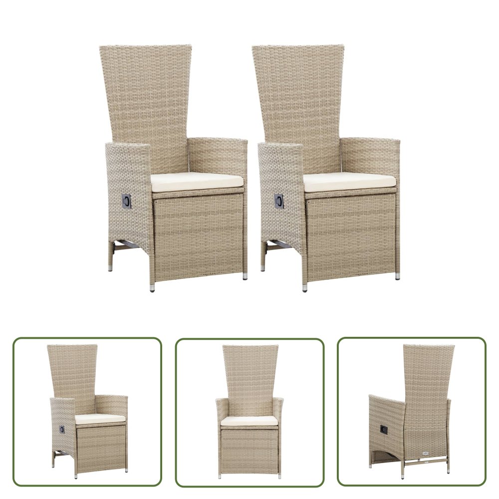 The Living Store Rozkładane krzesła ogrodowe 2 szt. - poduszki - rattan PE - beżowe - Krzesło Ogrodowe