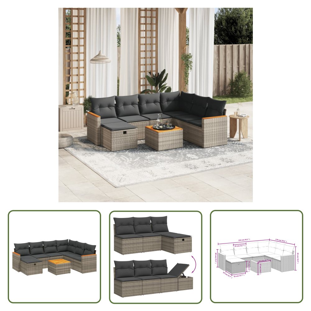 The Living Store 8-cz. zestaw mebli ogrodowych z poduszkami - szary - polirattan - Sofa Ogrodowa