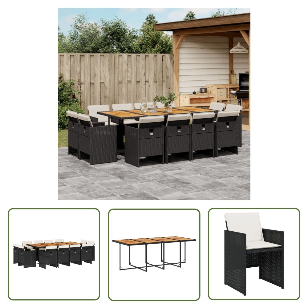 The Living Store 13-cz. zestaw mebli do ogrodu - poduszki - czarny - rattan PE - Meble Ogrodowe