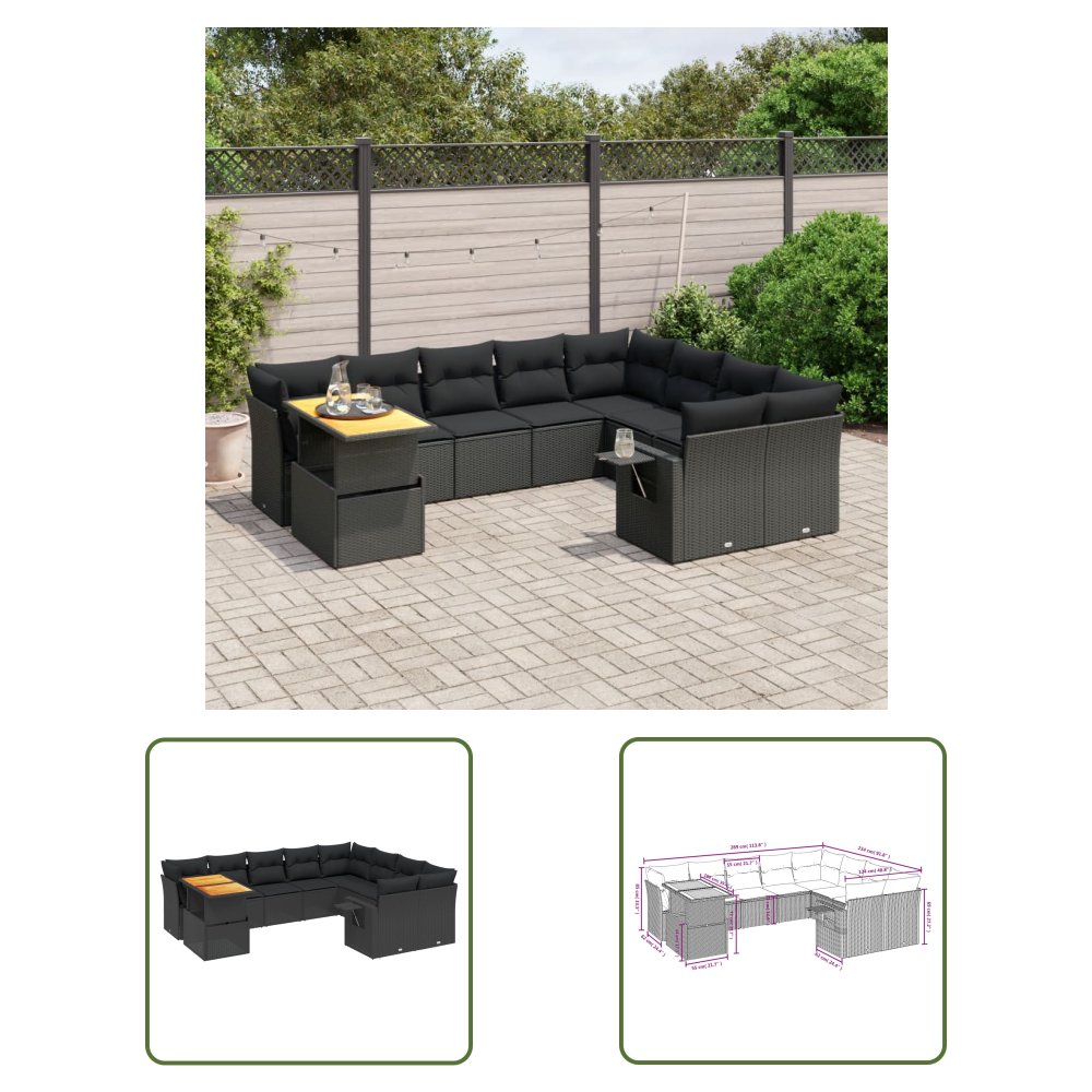 The Living Store 10-cz. zestaw wypoczynkowy do ogrodu - poduszki czarny rattan PE - Sofa Ogrodowa