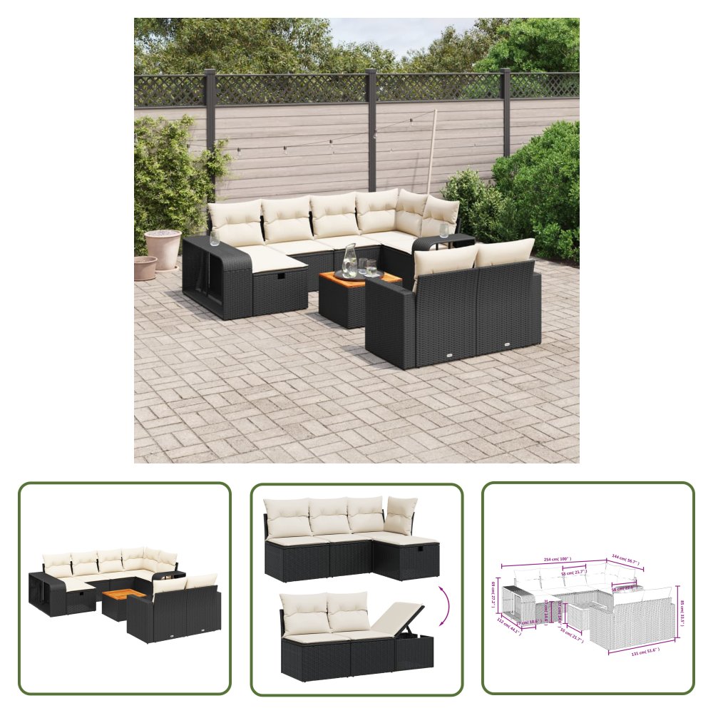 The Living Store 11-cz. zestaw wypoczynkowy do ogrodu - poduszki czarny rattan PE - Sofa Ogrodowa