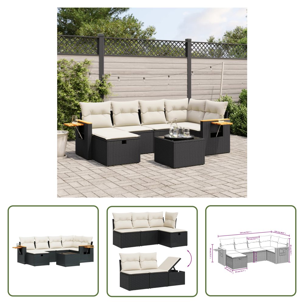 The Living Store 7-cz. zestaw wypoczynkowy do ogrodu - z poduszkami - czarny - Sofa Ogrodowa