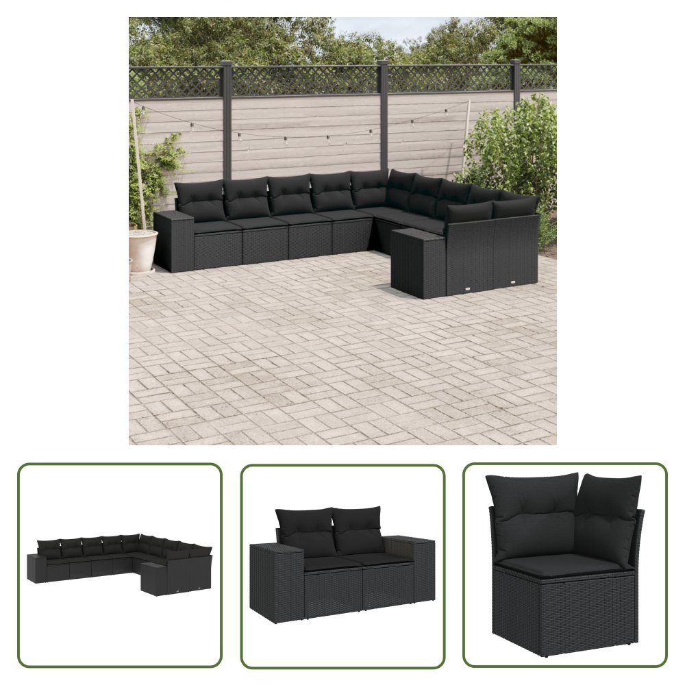 The Living Store 10-cz. zestaw wypoczynkowy do ogrodu - poduszki czarny rattan PE - Sofa Ogrodowa