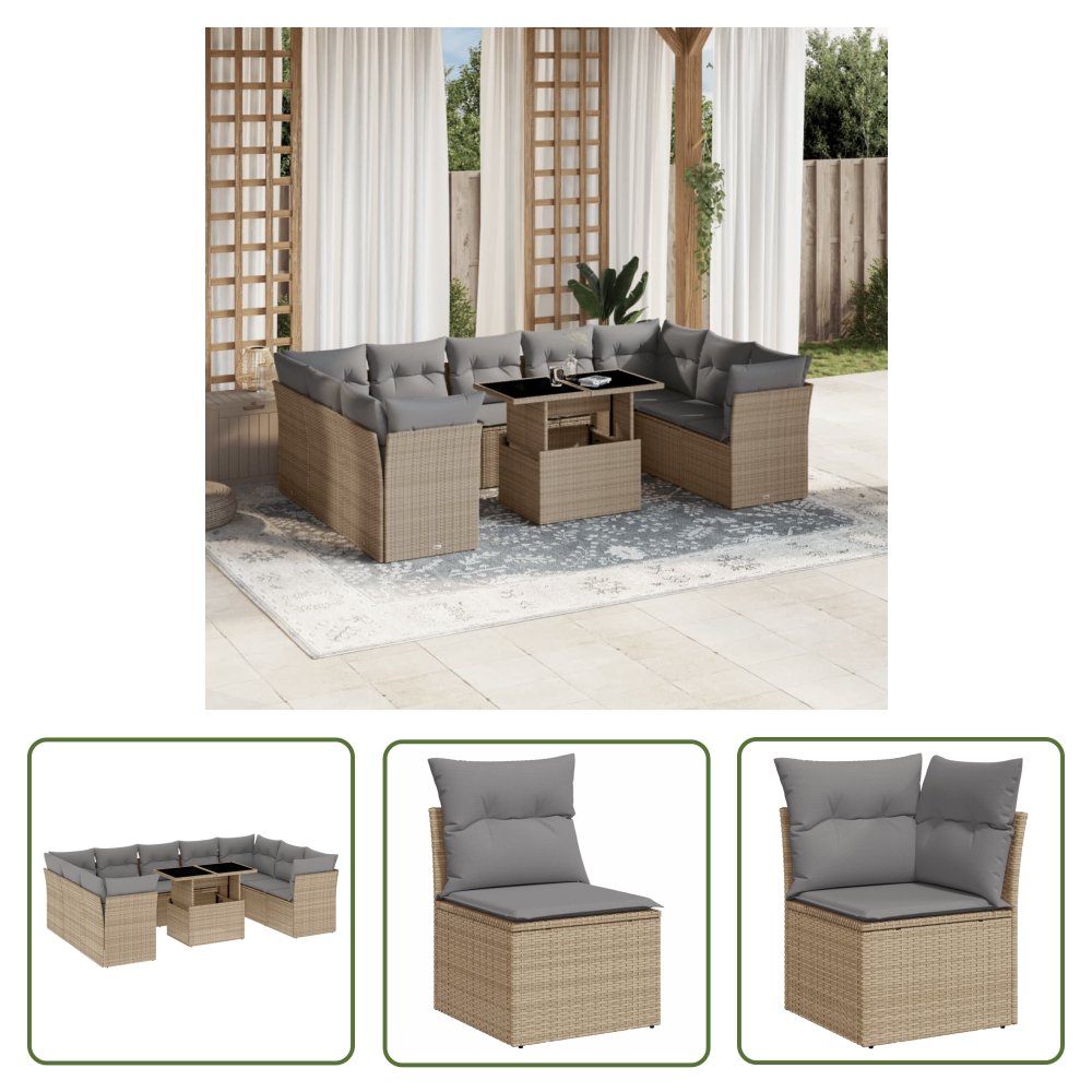 The Living Store 10-cz. zestaw mebli ogrodowych z poduszkami - beżowy - polirattan - Sofa Ogrodowa