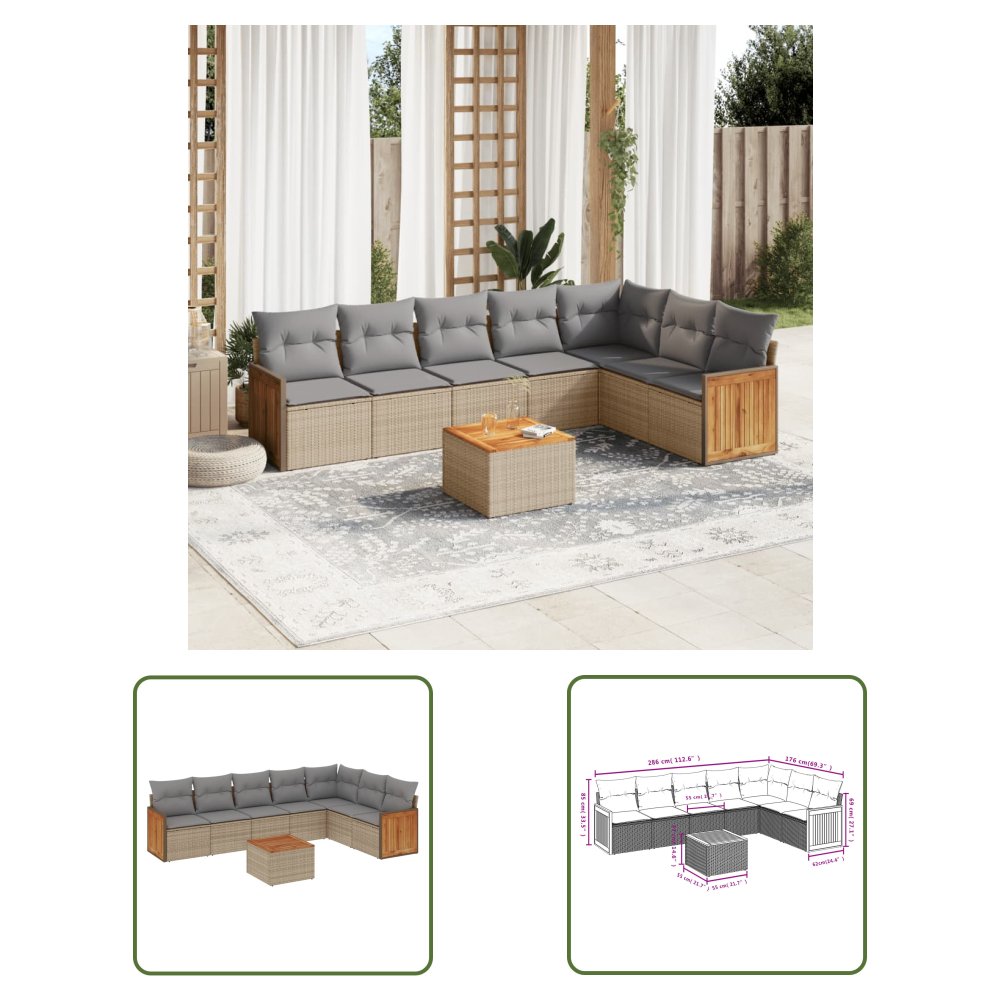 The Living Store 8-cz. zestaw mebli ogrodowych z poduszkami - beżowy - polirattan - Sofa Ogrodowa