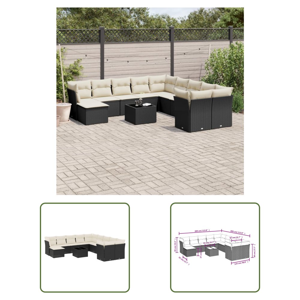 The Living Store 12-cz. zestaw mebli do ogrodu - z poduszkami - czarny - polirattan - Sofa Ogrodowa