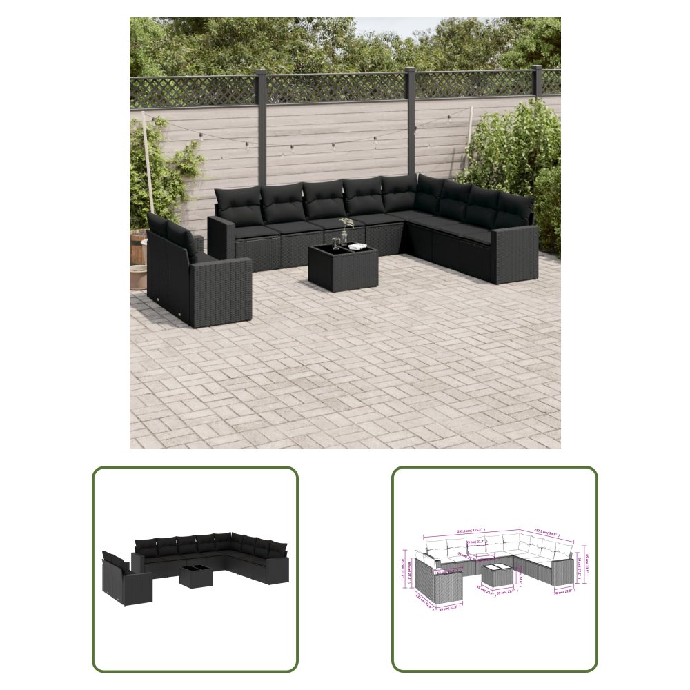 The Living Store 11-cz. zestaw wypoczynkowy do ogrodu - poduszki czarny rattan PE - Sofa Ogrodowa