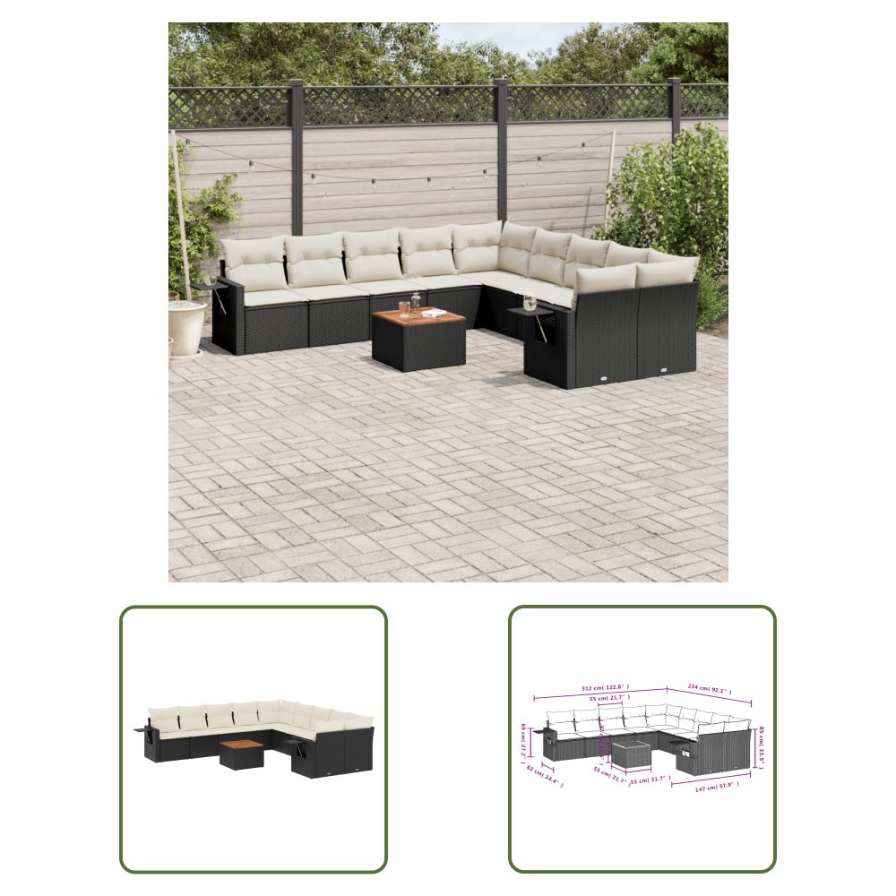 The Living Store 11-cz. zestaw wypoczynkowy do ogrodu - poduszki czarny rattan PE - Sofa Ogrodowa
