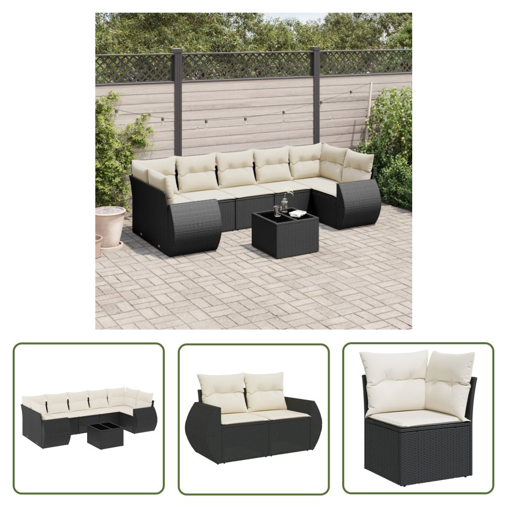 The Living Store 8-cz. zestaw wypoczynkowy do ogrodu - z poduszkami - czarny - Sofa Ogrodowa