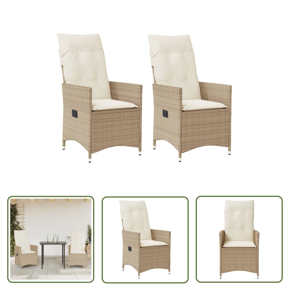 The Living Store Rozkładane fotele ogrodowe 2 szt. - poduszki - beżowy rattan PE - Krzesło Ogrodowe