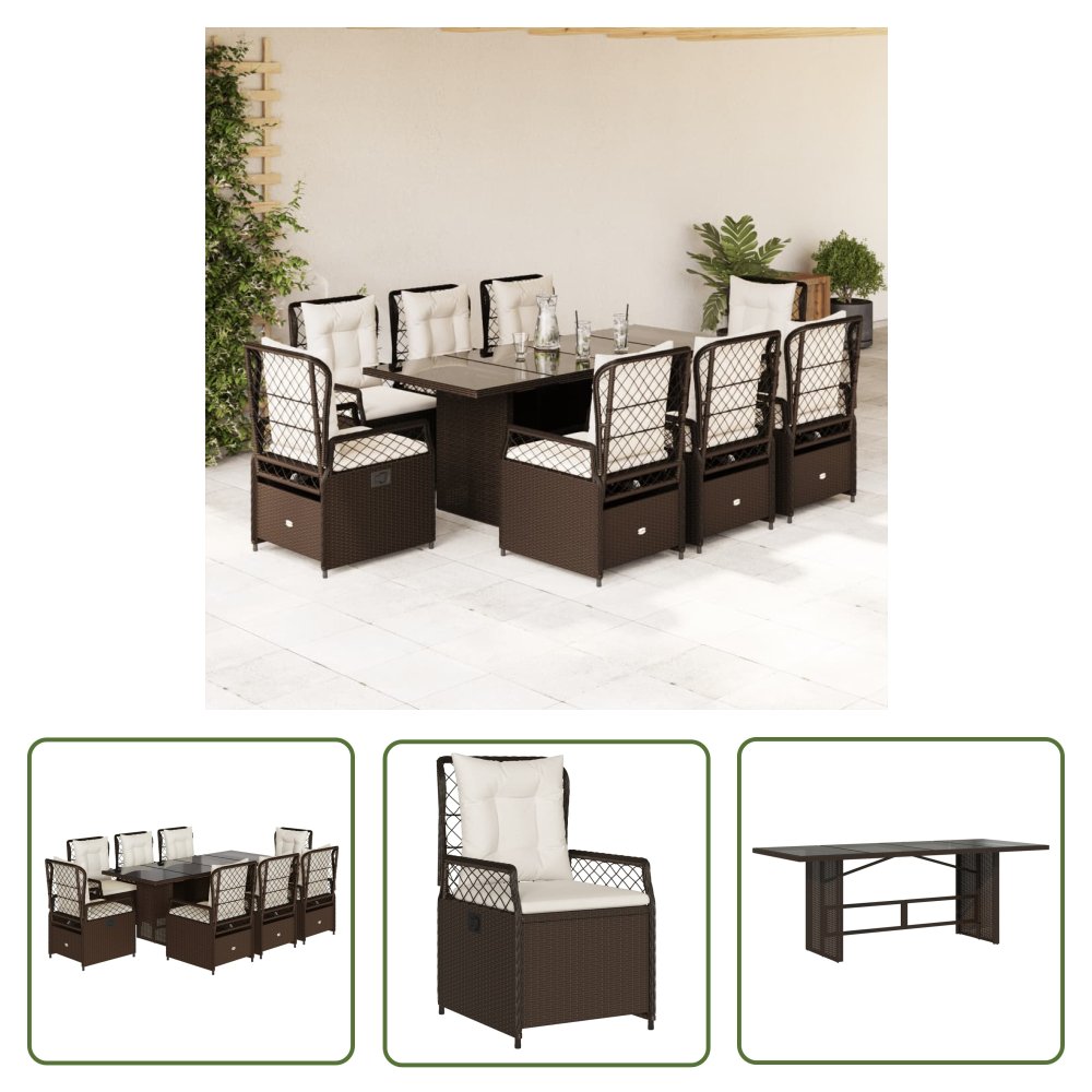 The Living Store 9-cz. zestaw mebli ogrodowych z poduszkami - brązowy - rattan PE - Meble Ogrodowe