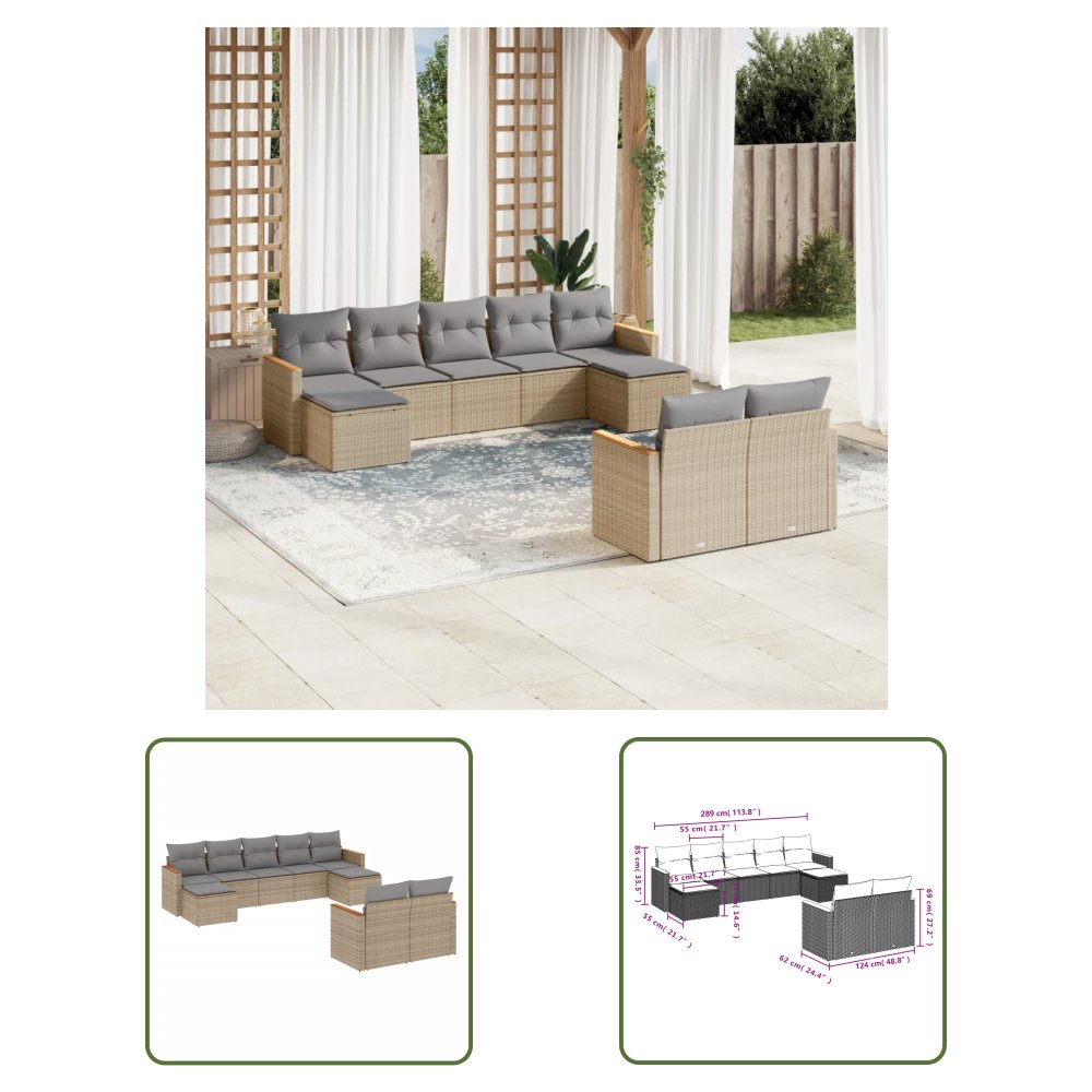 The Living Store 9-cz. zestaw mebli ogrodowych z poduszkami - beżowy - polirattan - Sofa Ogrodowa