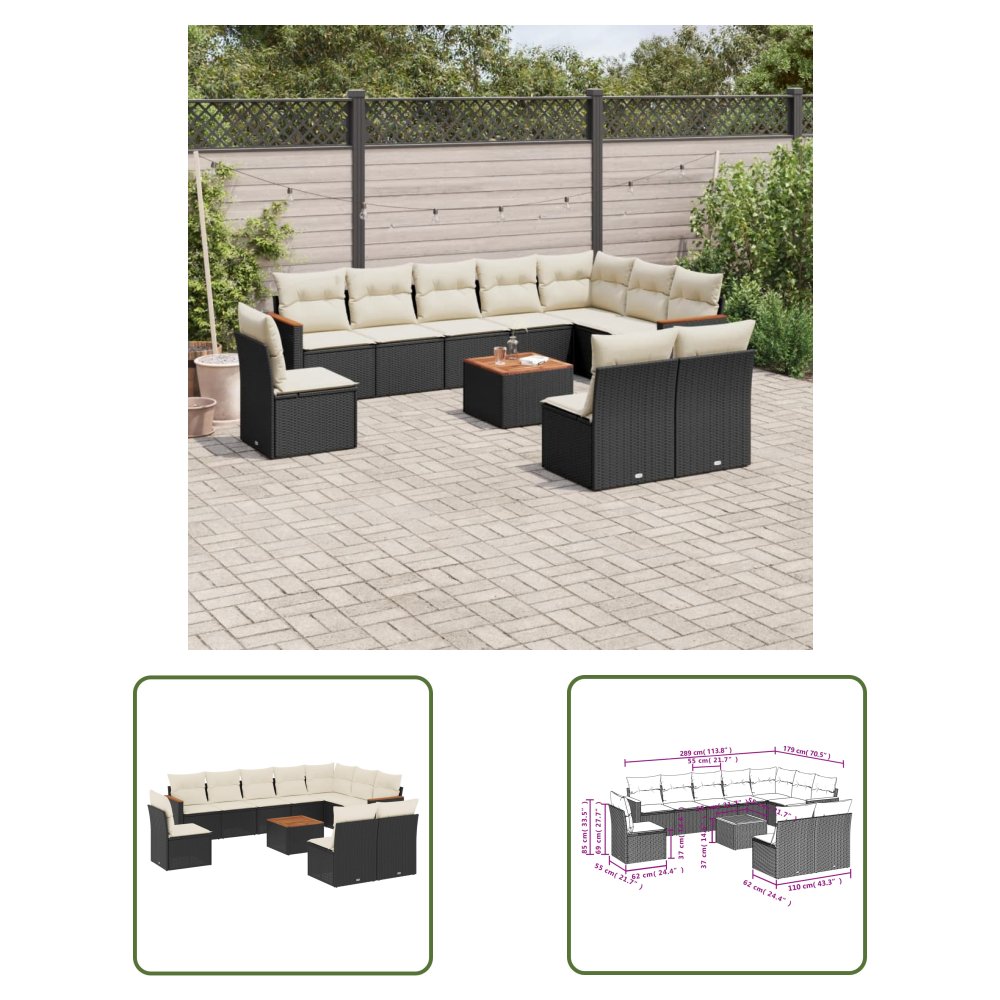 The Living Store 11-cz. zestaw wypoczynkowy do ogrodu - poduszki czarny rattan PE - Sofa Ogrodowa