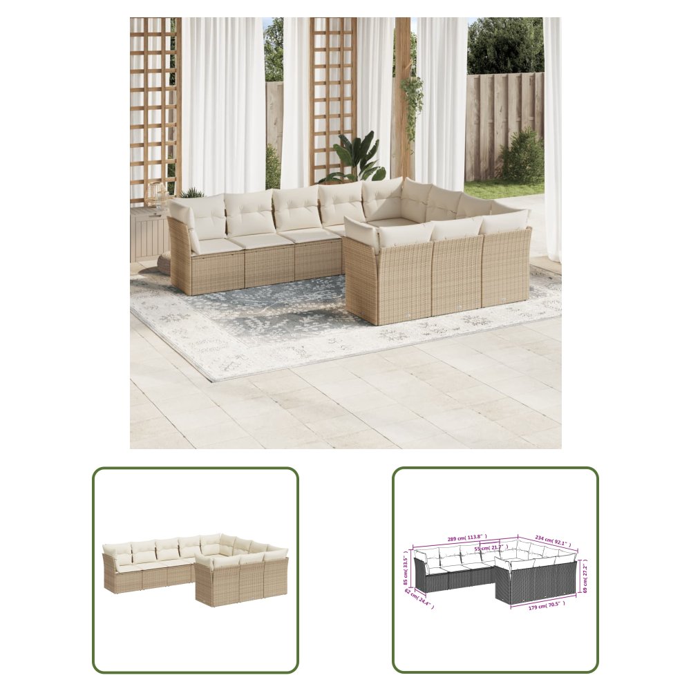 The Living Store 10-cz. zestaw mebli ogrodowych z poduszkami - beżowy - polirattan - Sofa Ogrodowa