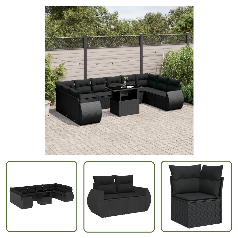The Living Store 11-cz. zestaw wypoczynkowy do ogrodu - poduszki czarny rattan PE - Sofa Ogrodowa