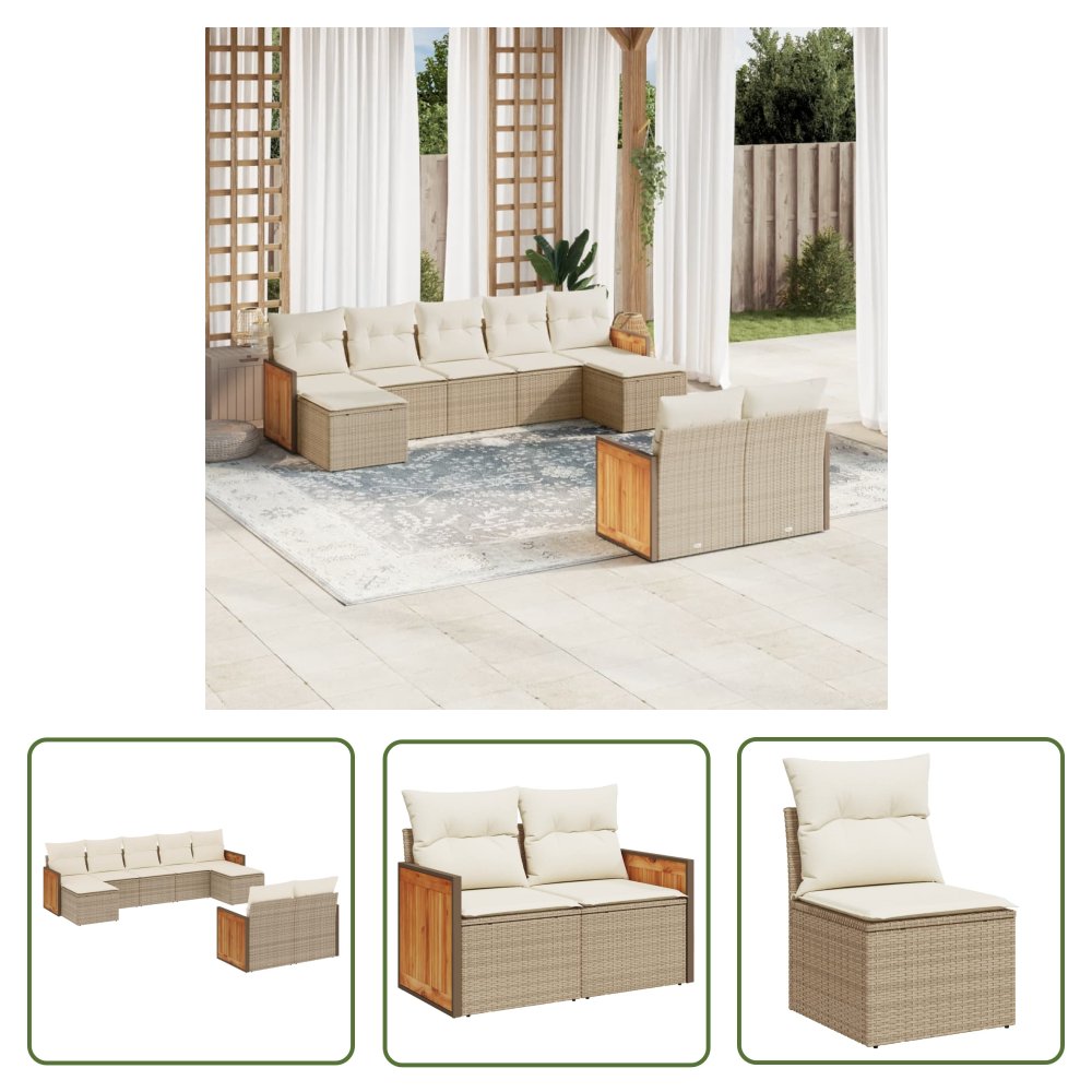 The Living Store 9-cz. zestaw mebli ogrodowych z poduszkami - beżowy - polirattan - Sofa Ogrodowa