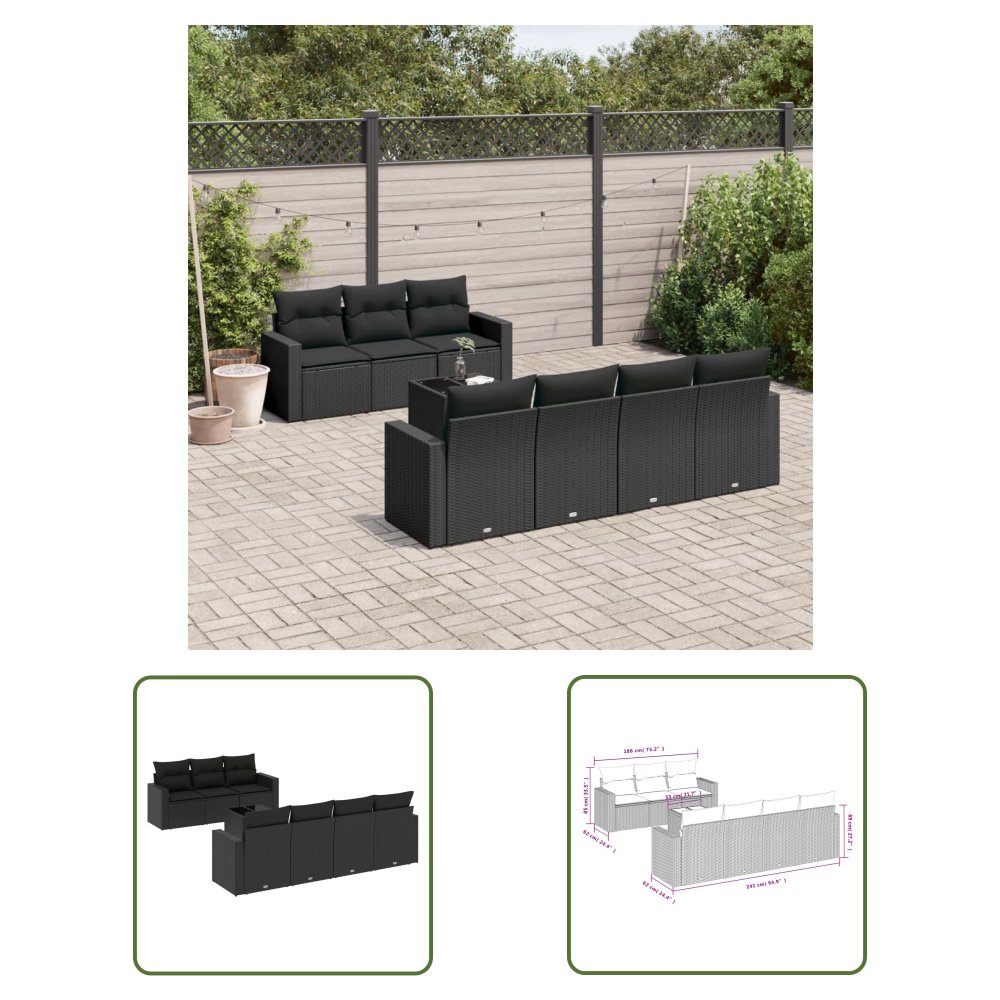 The Living Store 8-cz. zestaw wypoczynkowy do ogrodu - z poduszkami - czarny - Sofa Ogrodowa