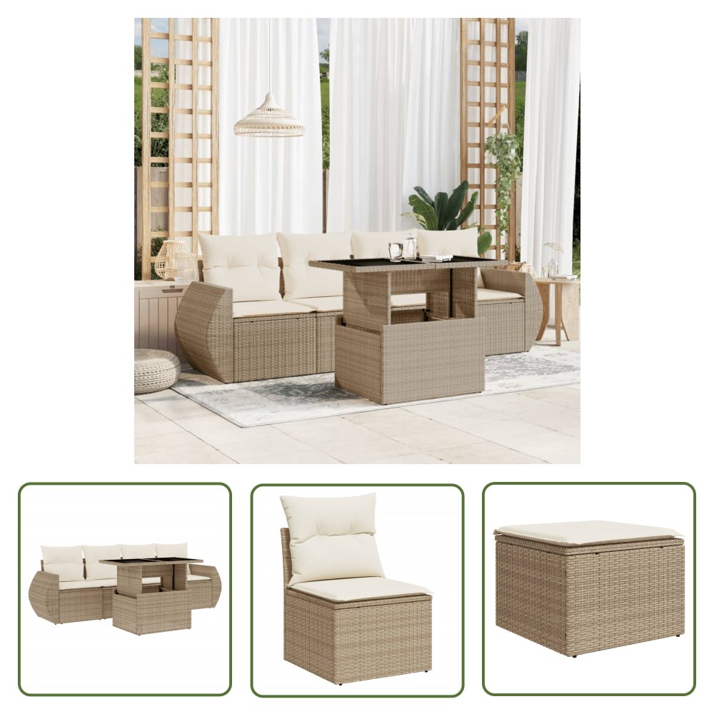 The Living Store 5-cz. zestaw mebli ogrodowych z poduszkami - beżowy - polirattan - Sofa Ogrodowa