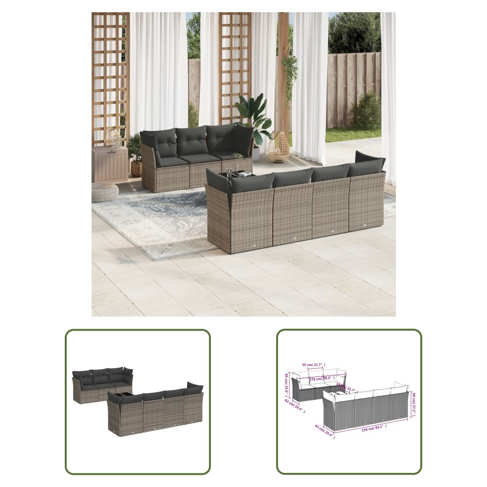 The Living Store 8-cz. zestaw mebli ogrodowych z poduszkami - szary - polirattan - Sofa Ogrodowa
