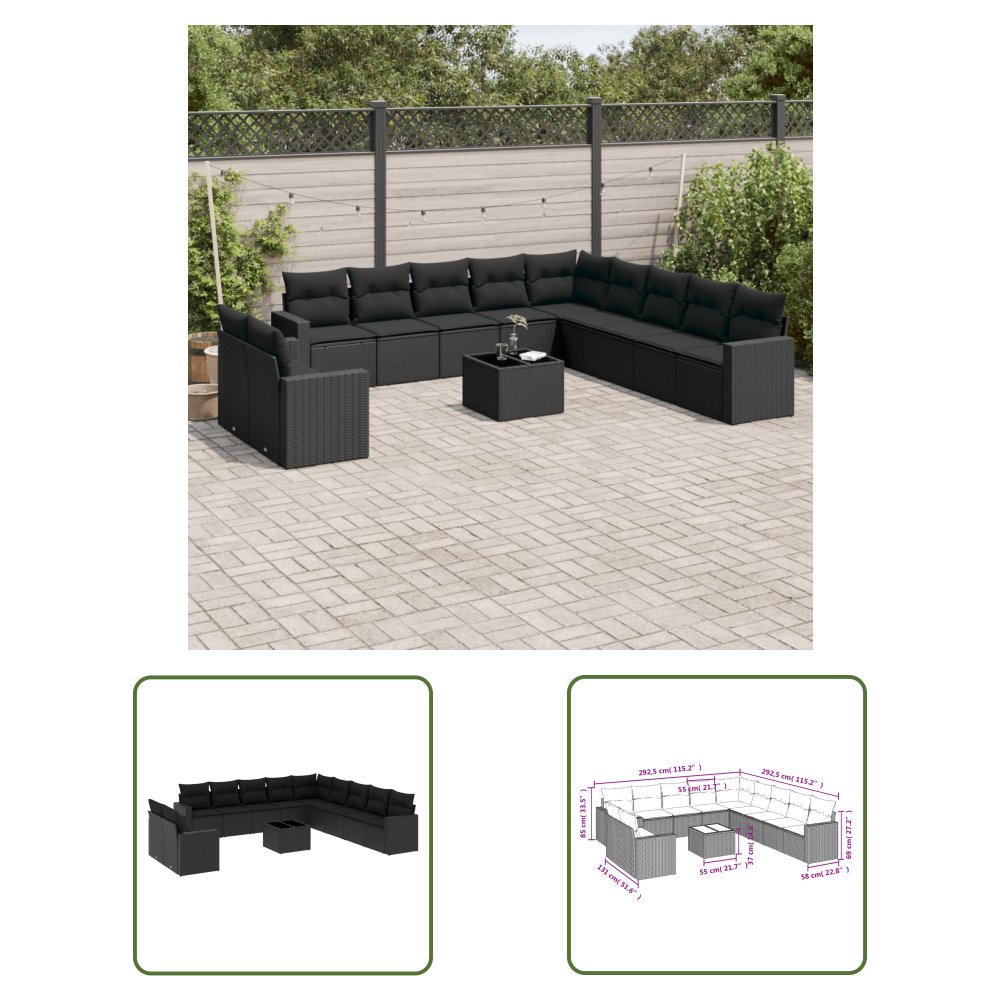 The Living Store 12-cz. zestaw mebli do ogrodu - z poduszkami - czarny - polirattan - Sofa Ogrodowa