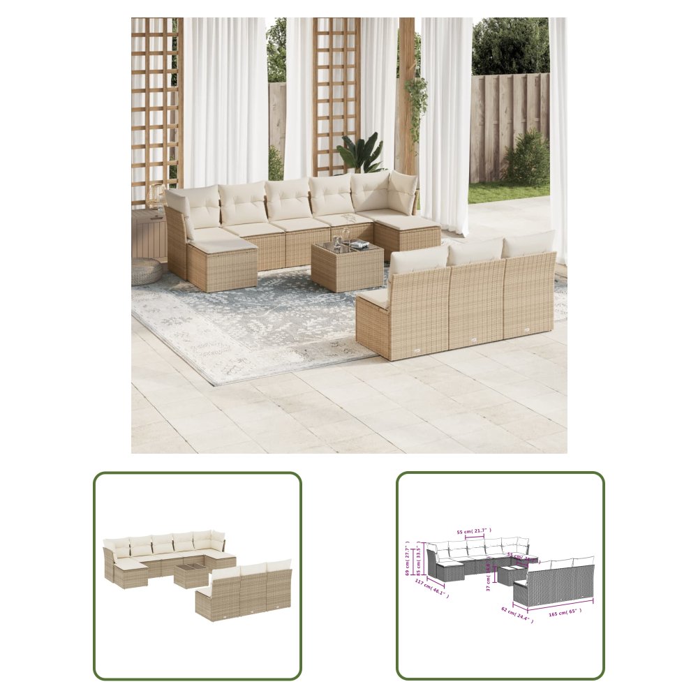 The Living Store 11-cz. zestaw mebli ogrodowych z poduszkami - beżowy - polirattan - Sofa Ogrodowa