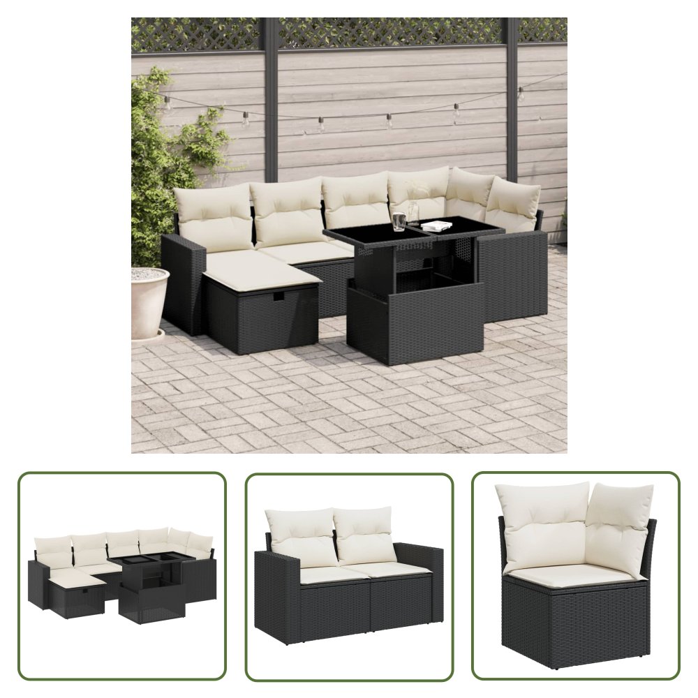 The Living Store 7-cz. zestaw wypoczynkowy do ogrodu - z poduszkami - czarny - Sofa Ogrodowa