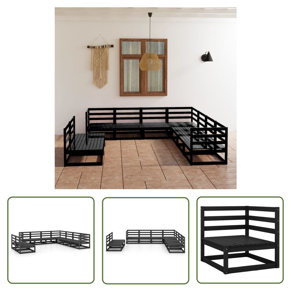 The Living Store 9-cz. zestaw wypoczynkowy do ogrodu - czarny - drewno sosnowe - Zestaw Wypoczynkowy Do Ogrodu