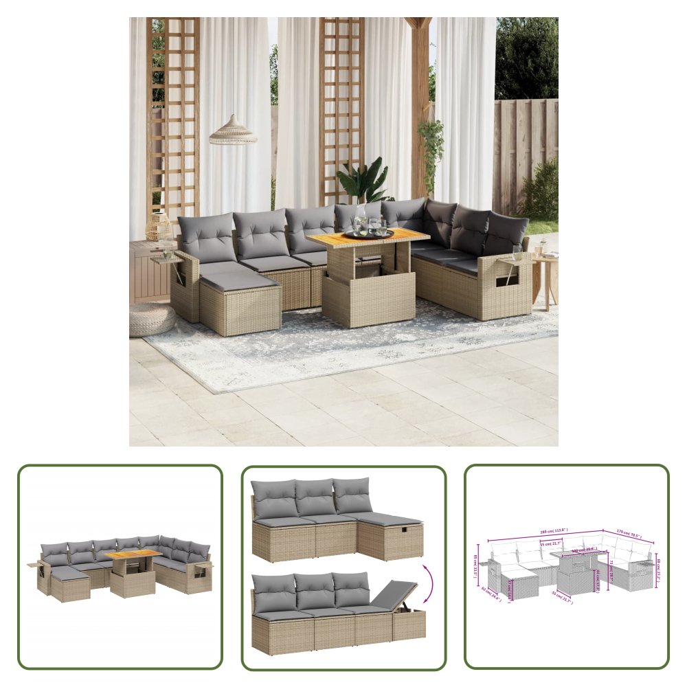 The Living Store 9-cz. zestaw mebli ogrodowych z poduszkami - beżowy - polirattan - Sofa Ogrodowa