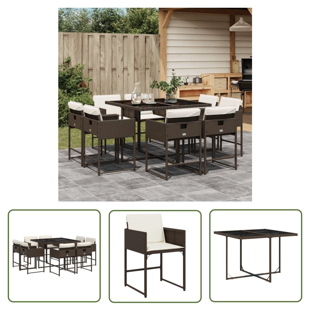 The Living Store 9-cz. zestaw mebli ogrodowych z poduszkami - brązowy - rattan PE - Meble Ogrodowe