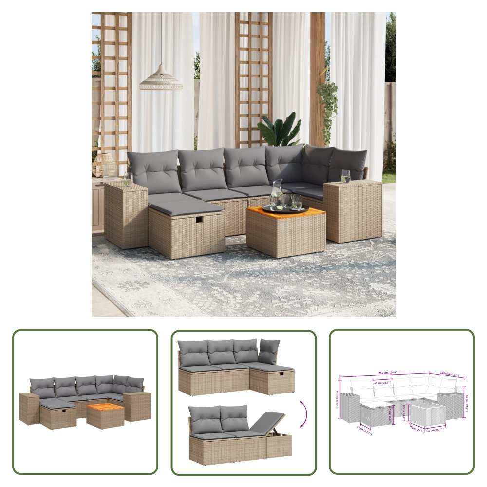 The Living Store 7-cz. zestaw mebli ogrodowych z poduszkami - mieszany beż - Sofa Ogrodowa