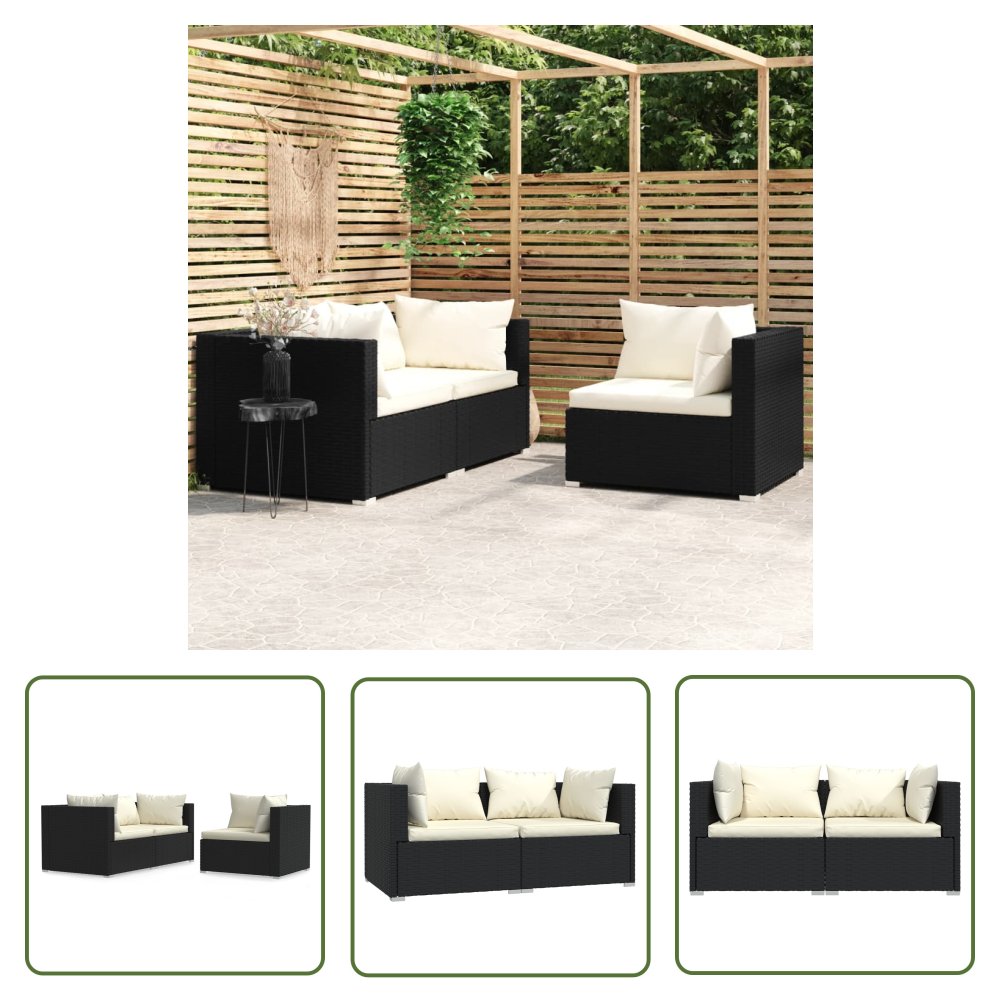 The Living Store 3-cz. ogrodowy zestaw wypoczynkowy - poduszki - rattan PE - czarny - Meble Ogrodowe
