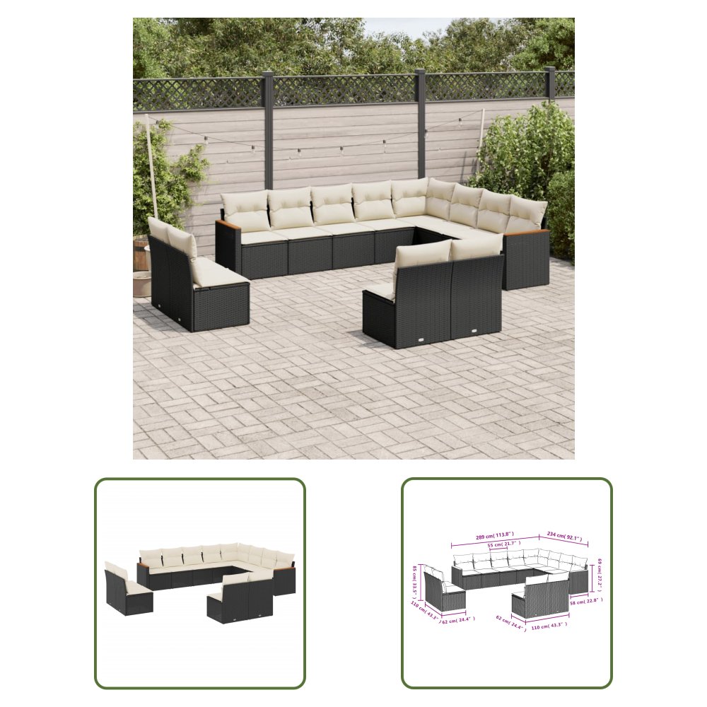 The Living Store 12-cz. zestaw mebli do ogrodu - z poduszkami - czarny - polirattan - Sofa Ogrodowa
