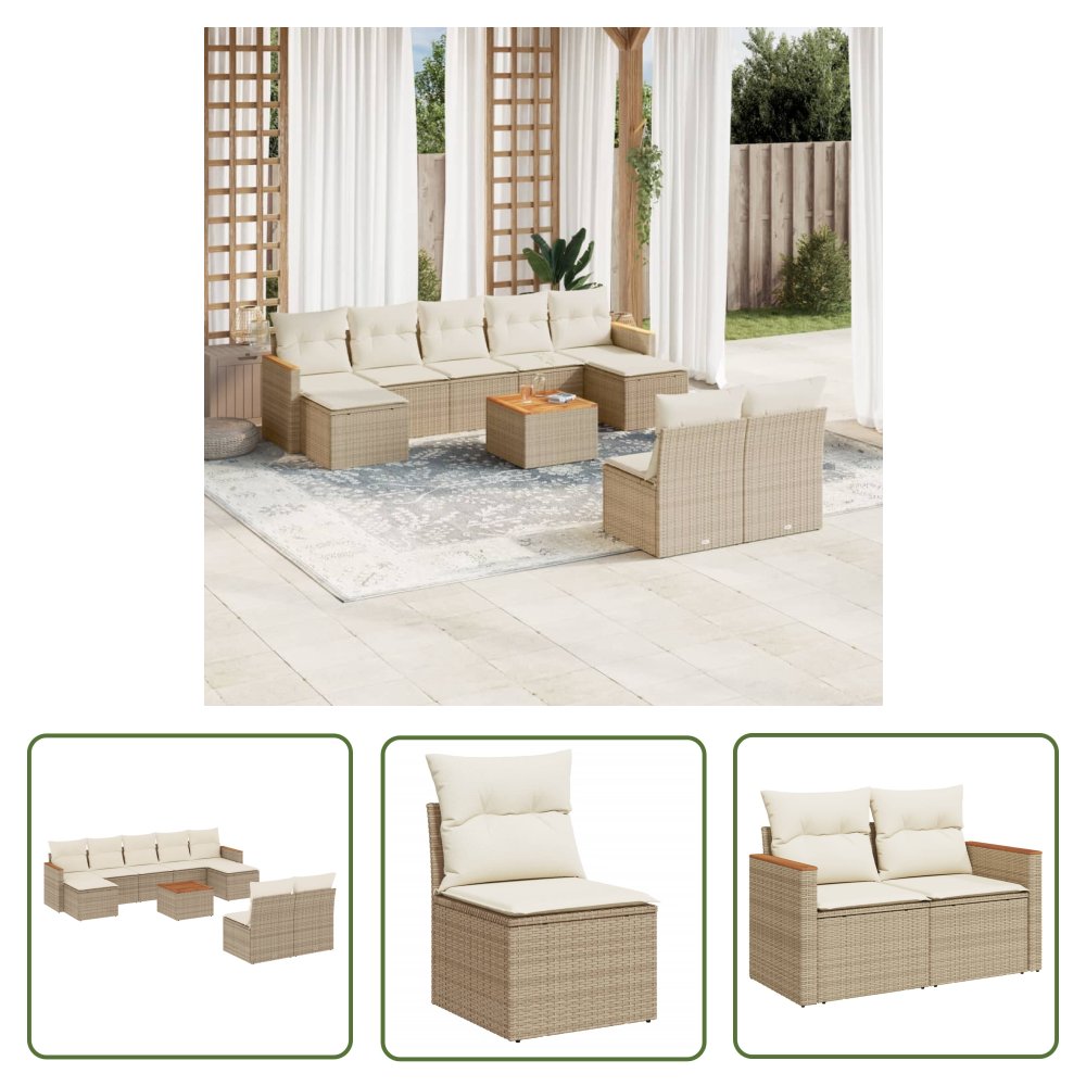 The Living Store 10-cz. zestaw mebli ogrodowych z poduszkami - beżowy - polirattan - Sofa Ogrodowa