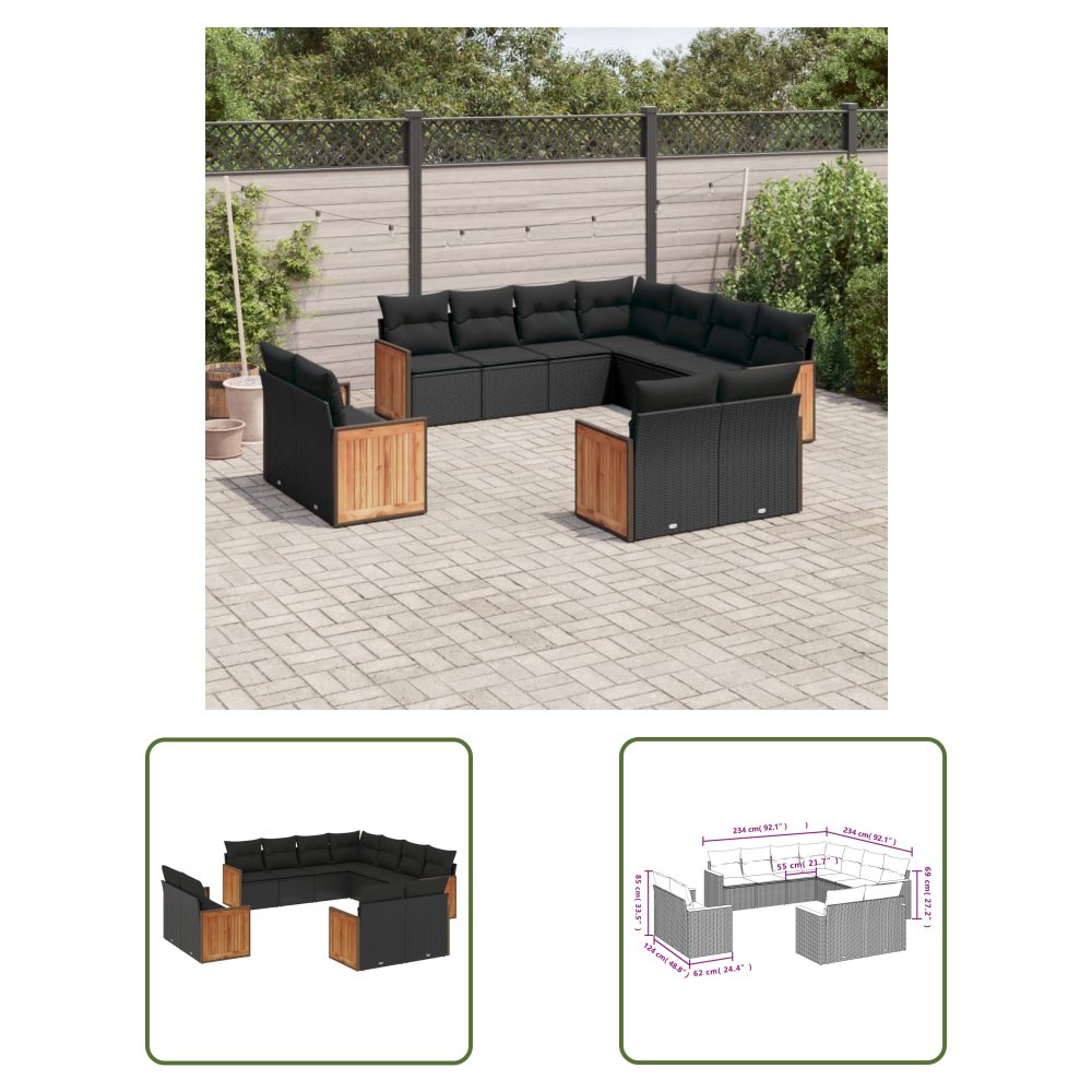 The Living Store 11-cz. zestaw wypoczynkowy do ogrodu - poduszki czarny rattan PE - Sofa Ogrodowa