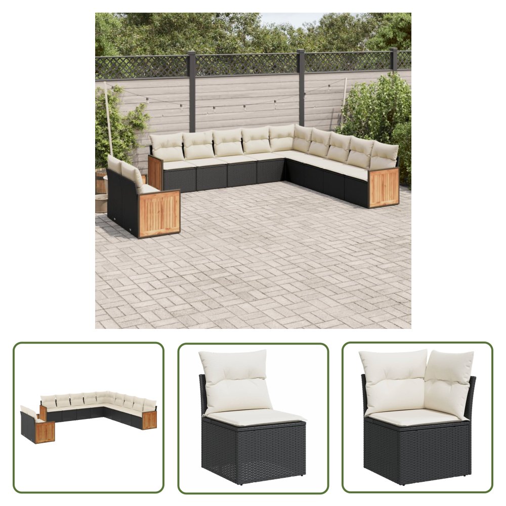 The Living Store 11-cz. zestaw wypoczynkowy do ogrodu - poduszki czarny rattan PE - Sofa Ogrodowa