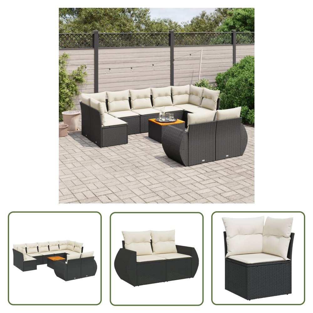 The Living Store 10-cz. zestaw wypoczynkowy do ogrodu - poduszki czarny rattan PE - Sofa Ogrodowa