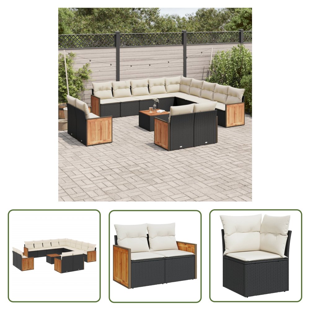 The Living Store 14-cz. zestaw wypoczynkowy do ogrodu - poduszki czarny rattan PE - Sofa Ogrodowa