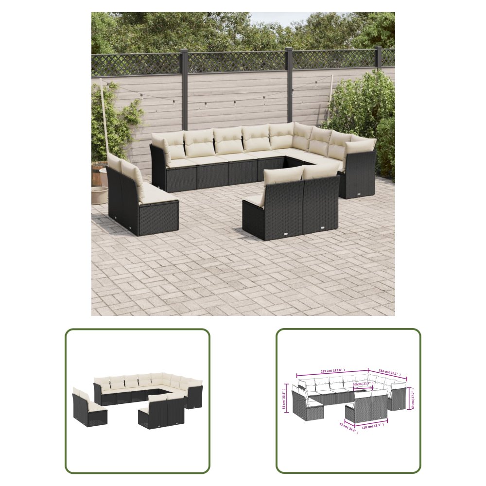 The Living Store 12-cz. zestaw mebli do ogrodu - z poduszkami - czarny - polirattan - Sofa Ogrodowa