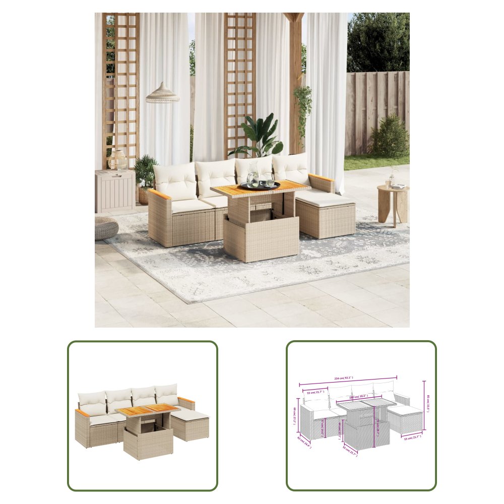 The Living Store 6-cz. zestaw mebli ogrodowych z poduszkami - beżowy - polirattan - Sofa Ogrodowa