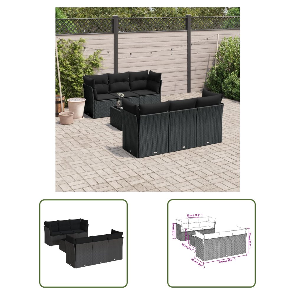 The Living Store 7-cz. zestaw wypoczynkowy do ogrodu - z poduszkami - czarny - Zestaw Wypoczynkowy Do Ogrodu