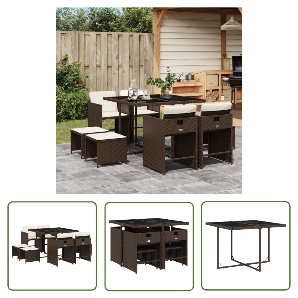 The Living Store 9-cz. zestaw mebli ogrodowych z poduszkami - brązowy - rattan PE - Meble Ogrodowe