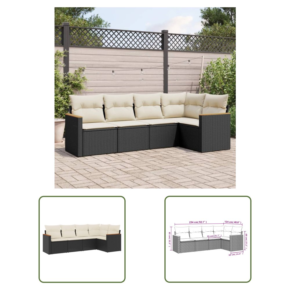 The Living Store 5-cz. zestaw wypoczynkowy do ogrodu - poduszki - czarny rattan PE - Sofa Ogrodowa