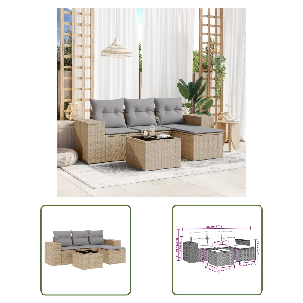 The Living Store 5-cz. zestaw mebli ogrodowych z poduszkami - beżowy - polirattan - Sofa Ogrodowa