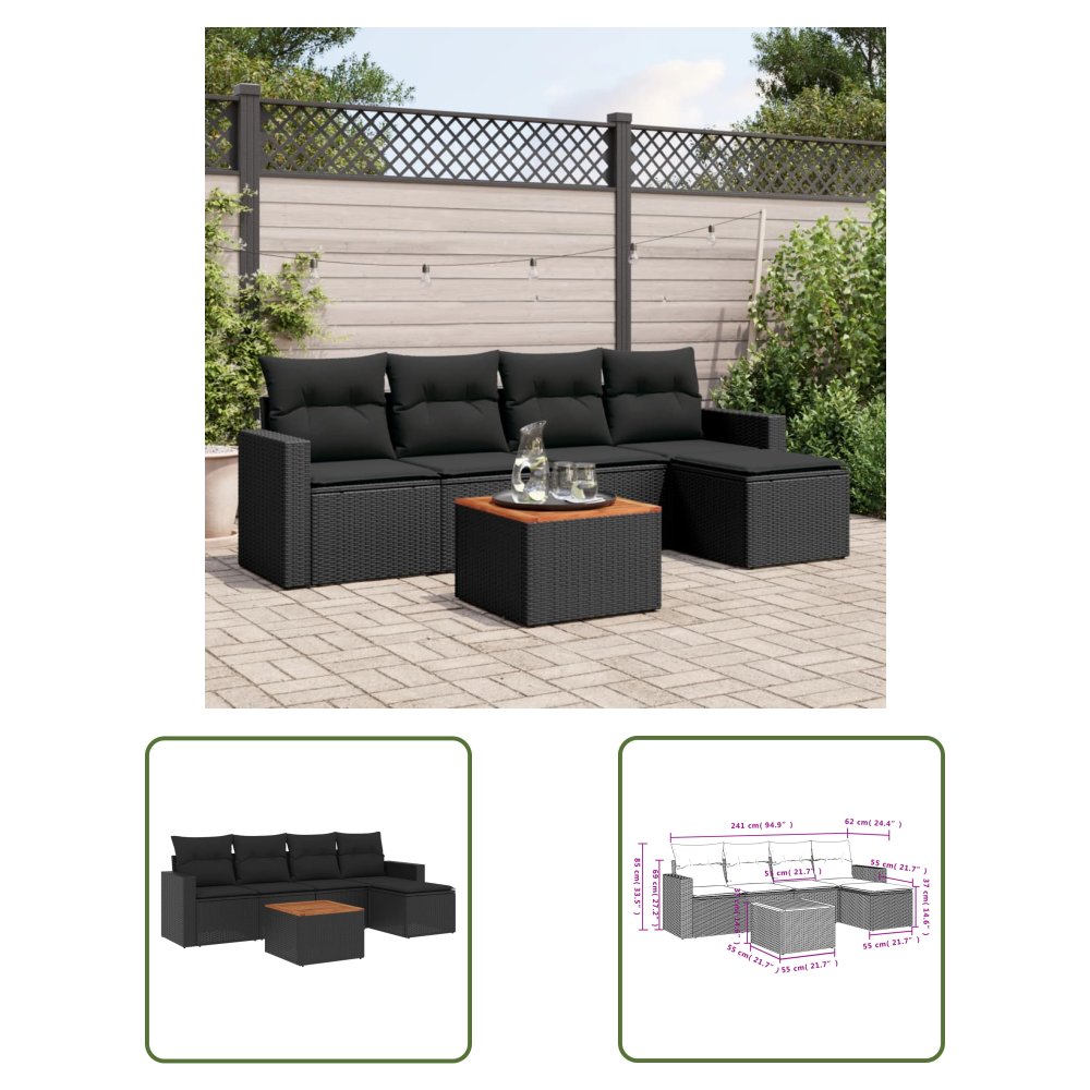 The Living Store 6-cz. zestaw mebli ogrodowych z poduszkami - czarny polirattan - Sofa Ogrodowa